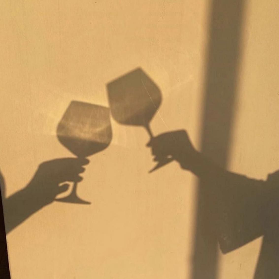 Sombra de duas mãos a brindar com copos de vinho numa parede
